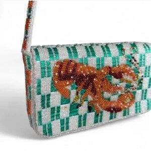 Handcrafted in India Lobster Crawfish Beaded Bag Checked Sparkly Background NWT